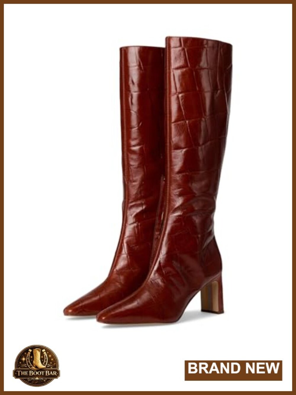 Knee High Leather Boots Pointed Toe Block Heel Zip Equestrian